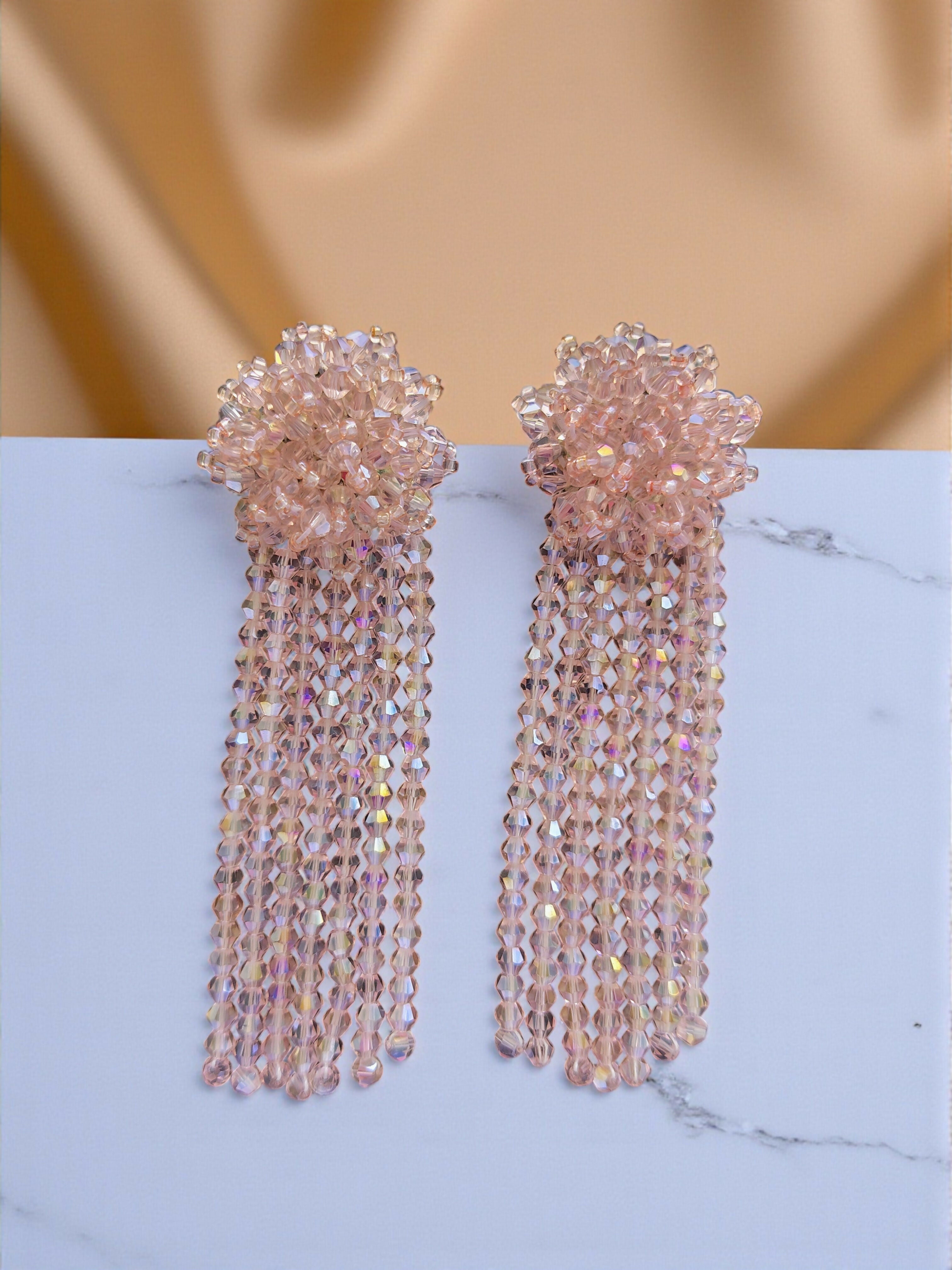 Inhanns Handmade Crystal Waterfall Earrings - Long - Baby Pink Big | Grocsy