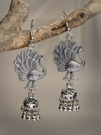 NVR Women's Silver-Toned Peacock Desing German Silver Oxidised Dome Shaped Jhumka Earrings | Grocsy