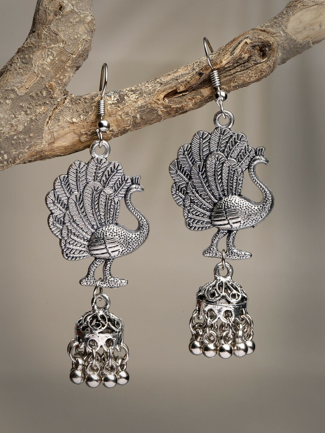 NVR Women's Silver-Toned Peacock Desing German Silver Oxidised Dome Shaped Jhumka Earrings | Grocsy