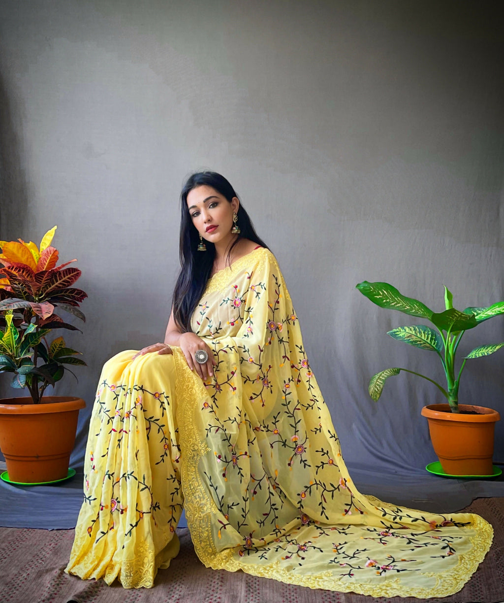 Vamsee Pearl 1 Yellow Georgette Saree | Grocsy
