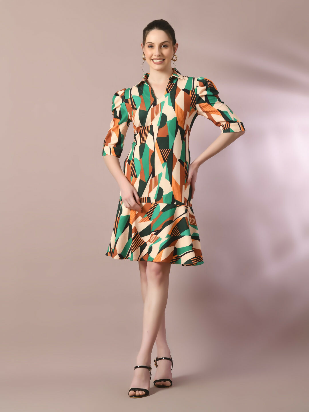 Myshka Women's Multi Printed Shirt Collar Fit and Flare Party Dress | Grocsy