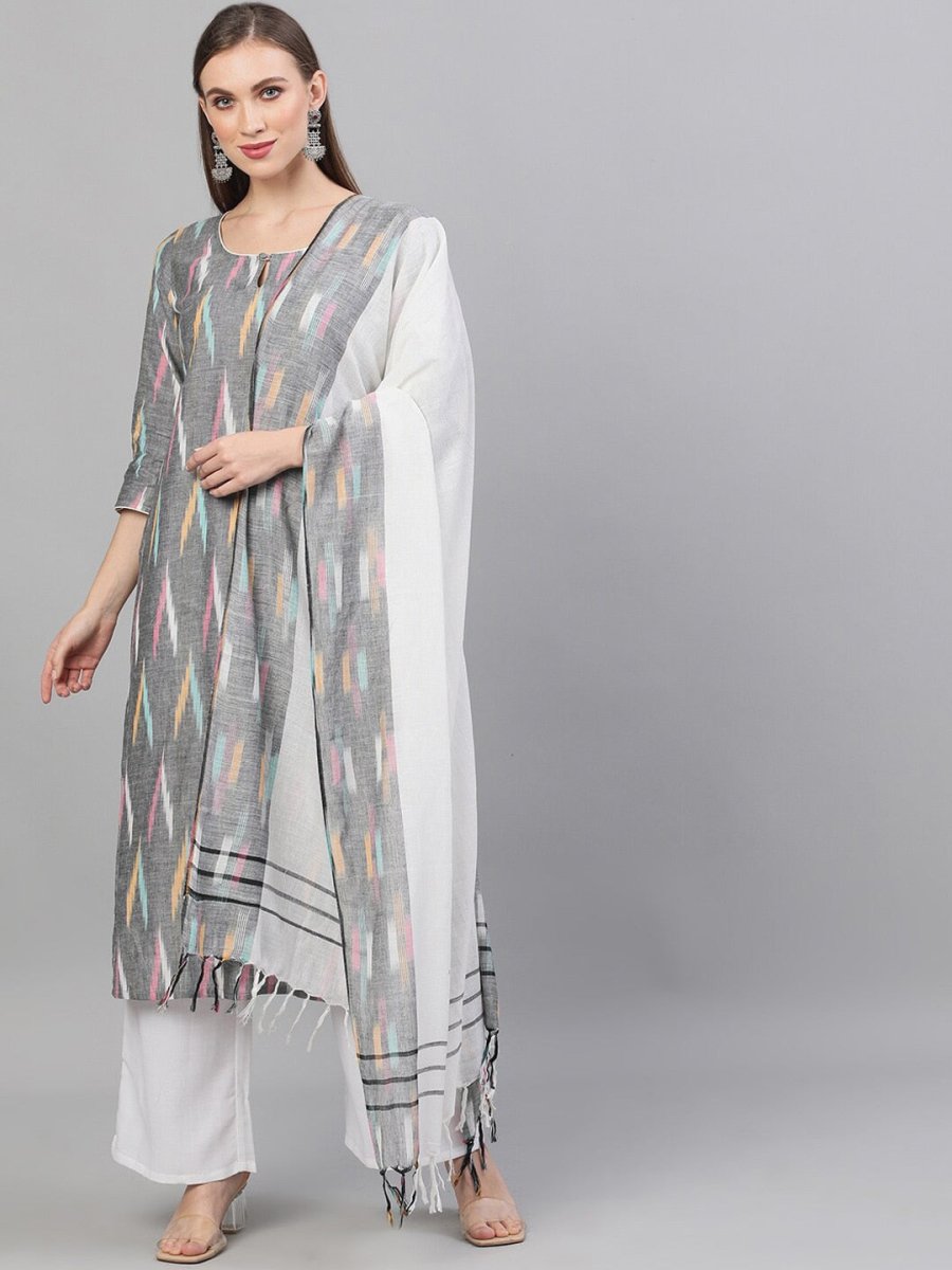 Aks Abstract Printed Pure Cotton Kurta with Palazzos & With Dupatta | Grocsy