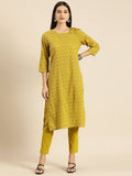 All About You Women Olive Green Ethnic Motifs Print Pure Cotton Kurta with Trousers | Grocsy