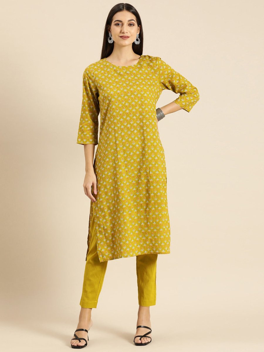 All About You Women Olive Green Ethnic Motifs Print Pure Cotton Kurta with Trousers | Grocsy