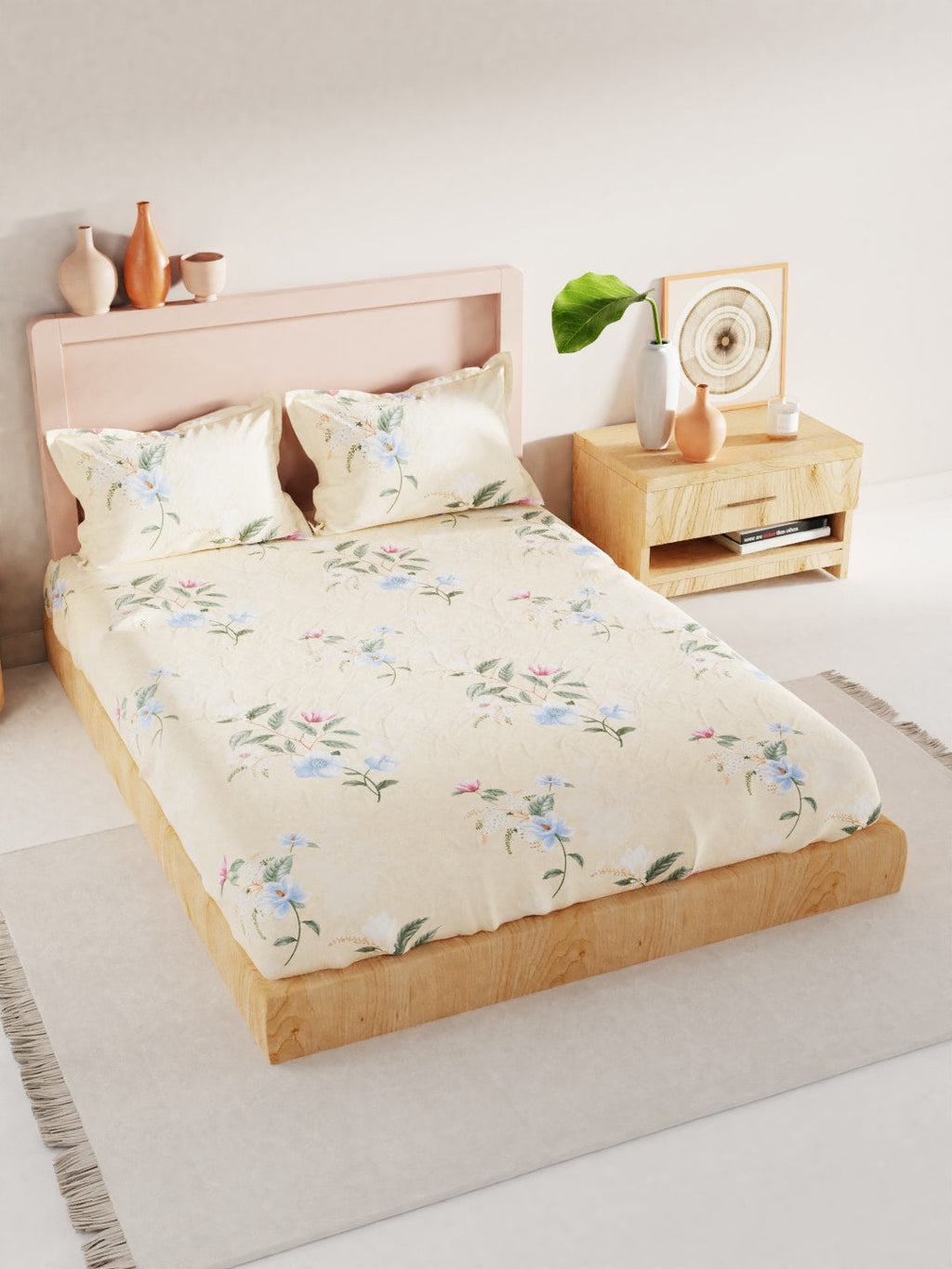 BIANCA Yellow & Blue Floral 186 TC King Bedsheet with 2 Pillow Covers | Grocsy