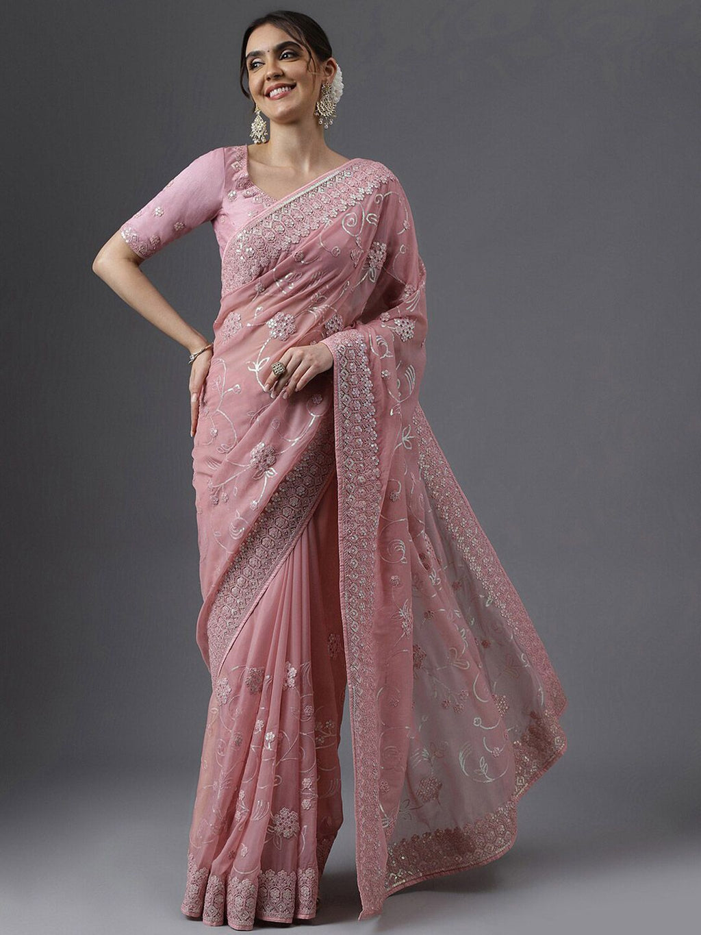 kasee Floral Embroidered Sequinned Organza Saree | Grocsy
