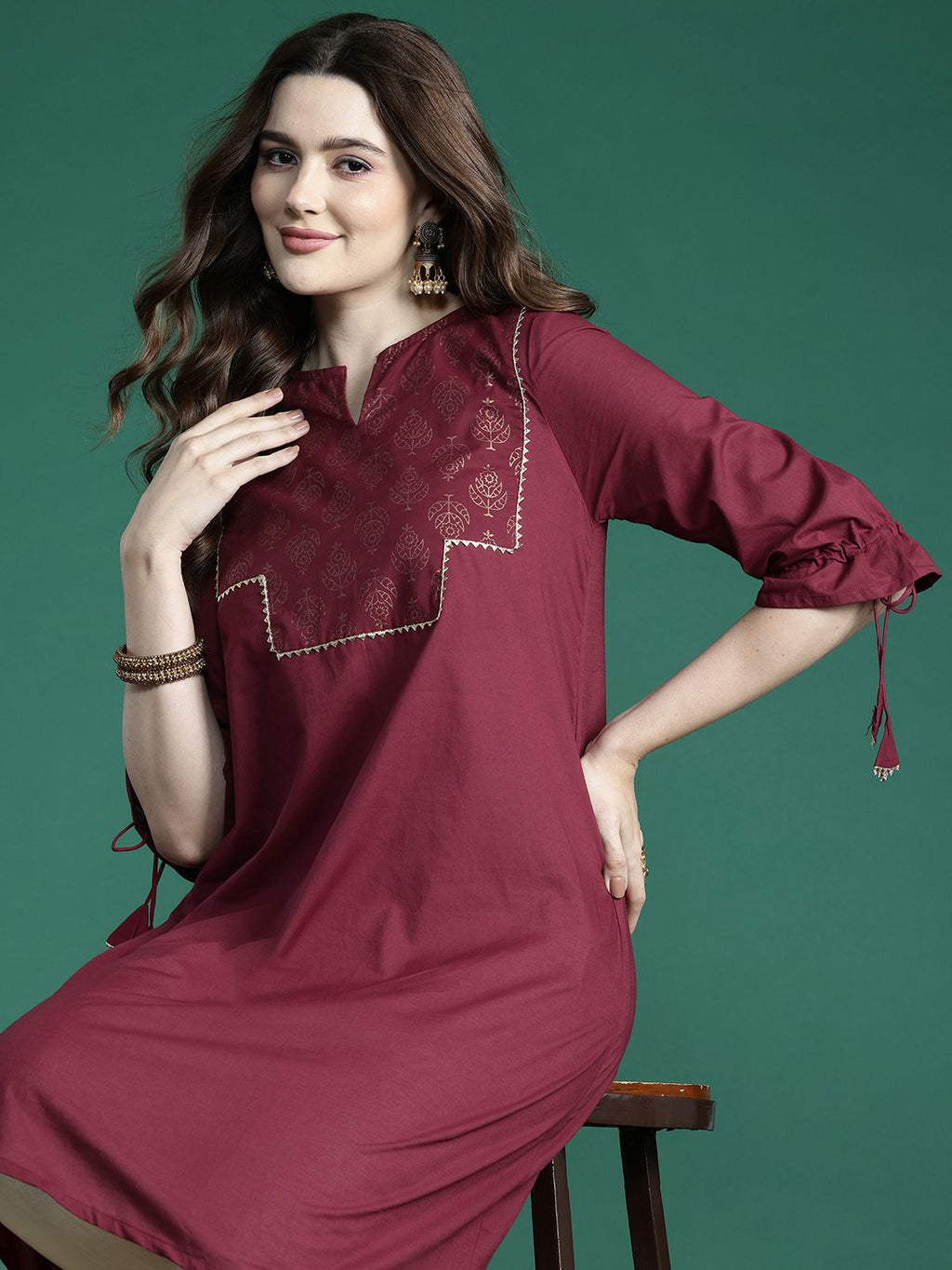 Sangria Ethnic Motifs Printed Gotta Patti Pure Cotton Kurta | Grocsy