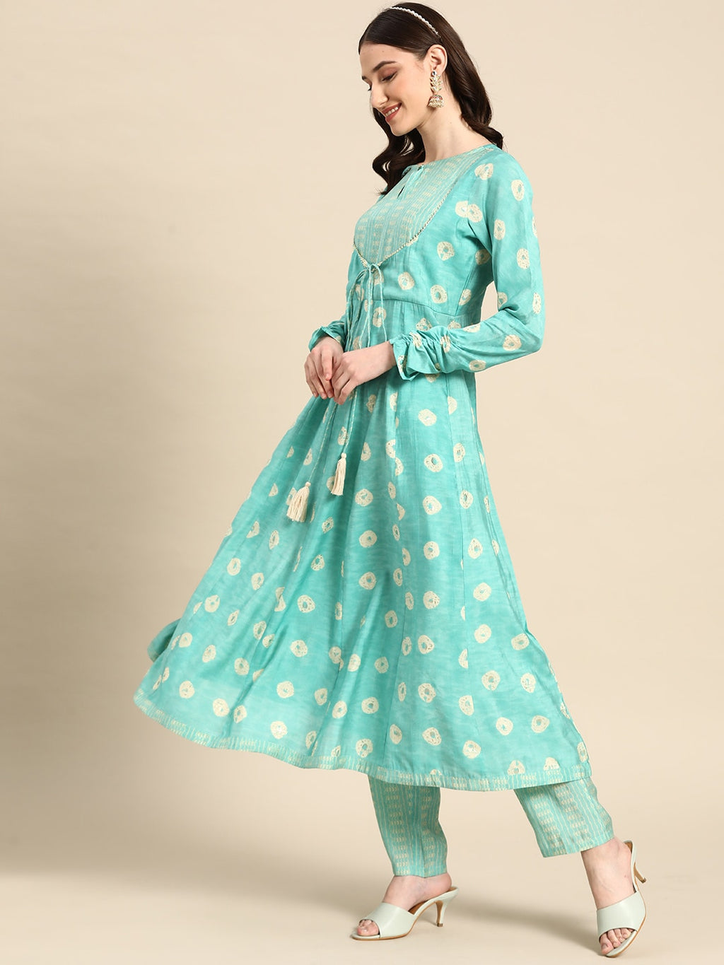 Sangria Women Ethnic Motifs Printed Empire Gotta Patti Kurta with Trousers | Grocsy