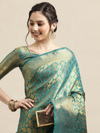 Saree Mall Blue & Gold-Toned Woven Design Zari Silk Blend Banarasi Saree | Grocsy