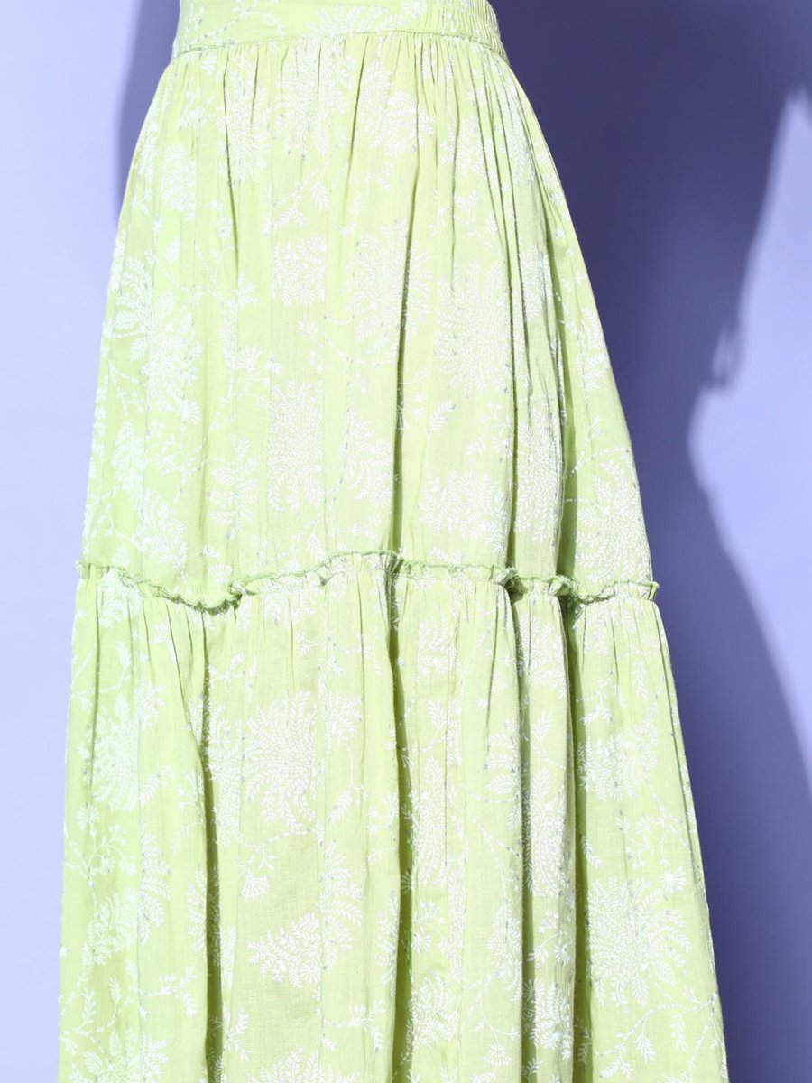 Ahalyaa Pure Cotton Green & White Printed Khari Print Ready to Wear Lehenga & Blouse With Dupatta | Grocsy