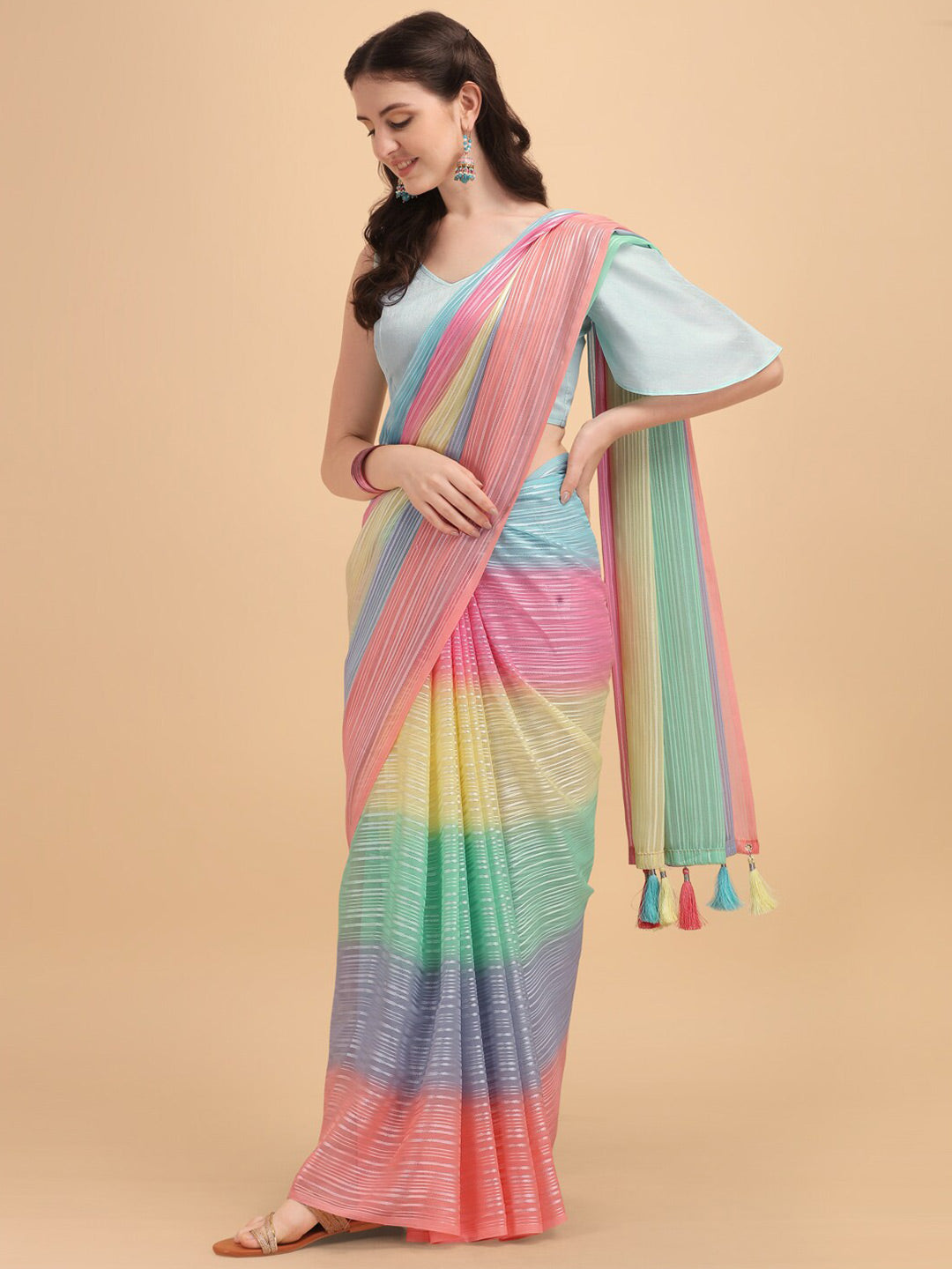 Sangria Blue & Pink Georgette Striped Zari Work Saree | Grocsy