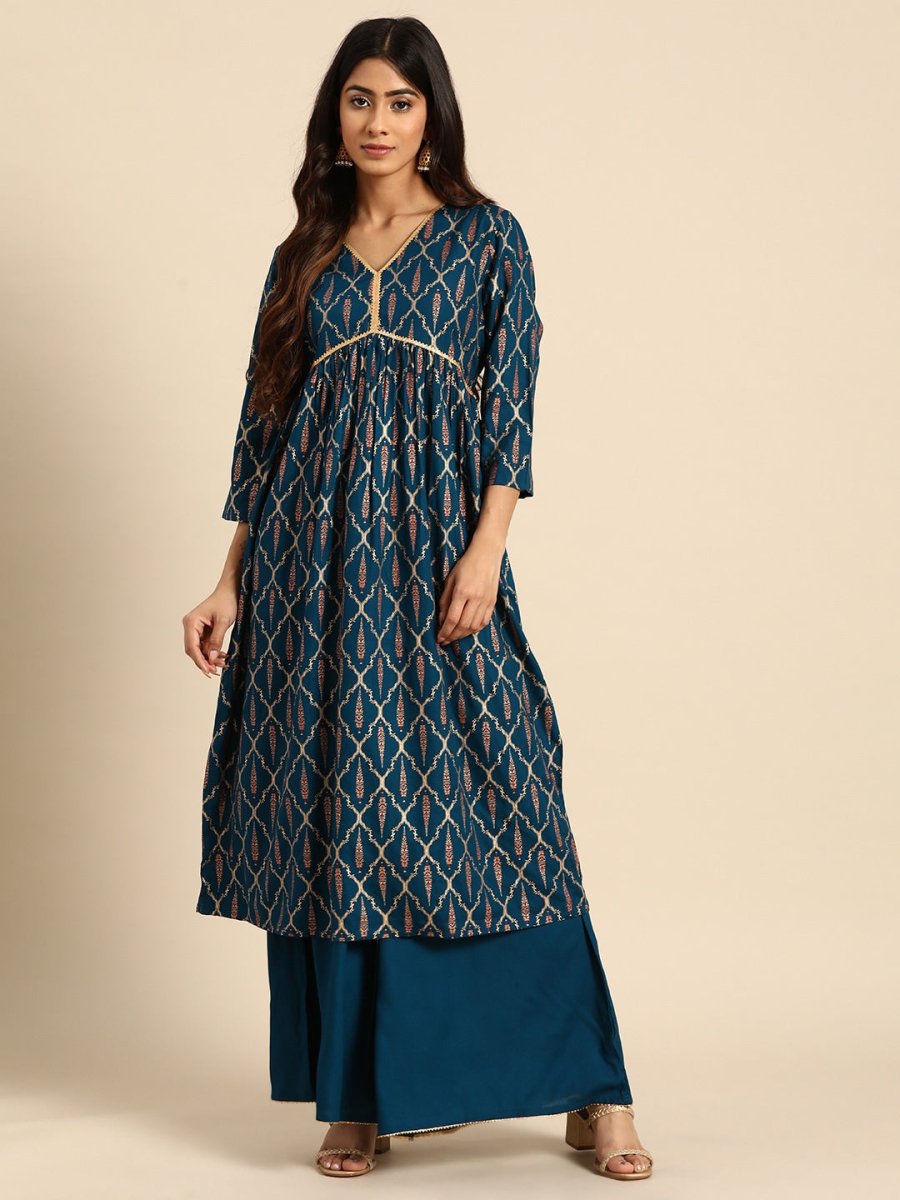 All About You Ethnic Motifs Foil Print Gotta Patti Detail Kurta with Palazzos | Grocsy