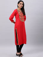 Souchii Red Yoke Design Mirror Work Grandeur & Majestic Artwork Kurta | Grocsy