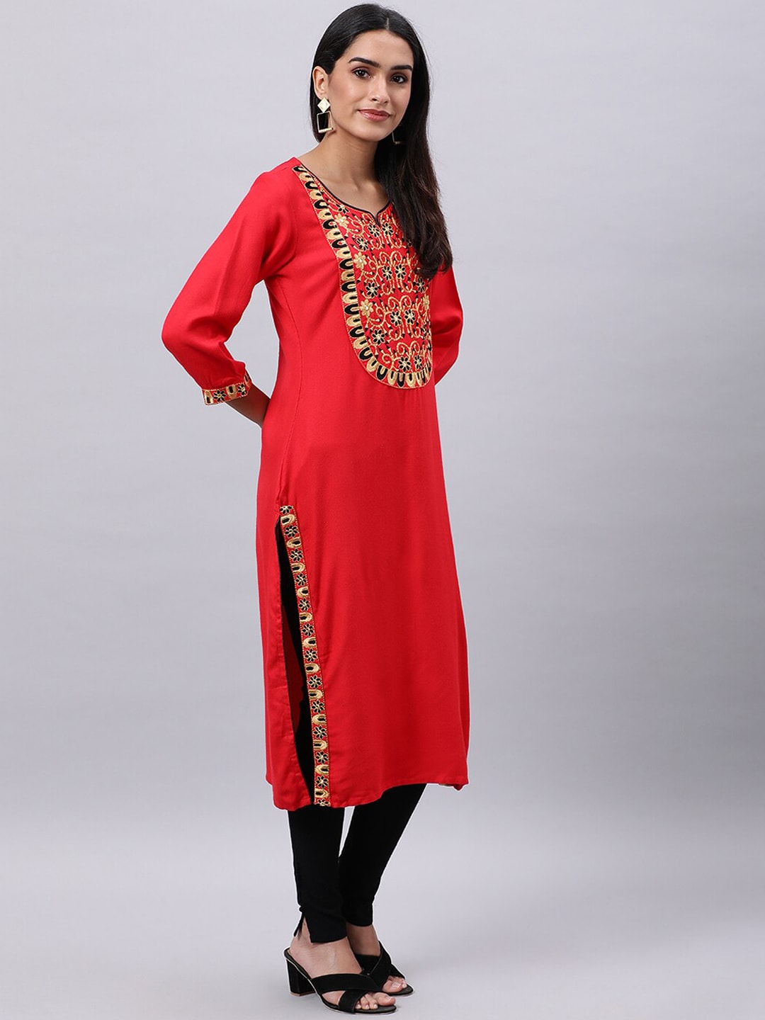 Souchii Red Yoke Design Mirror Work Grandeur & Majestic Artwork Kurta | Grocsy