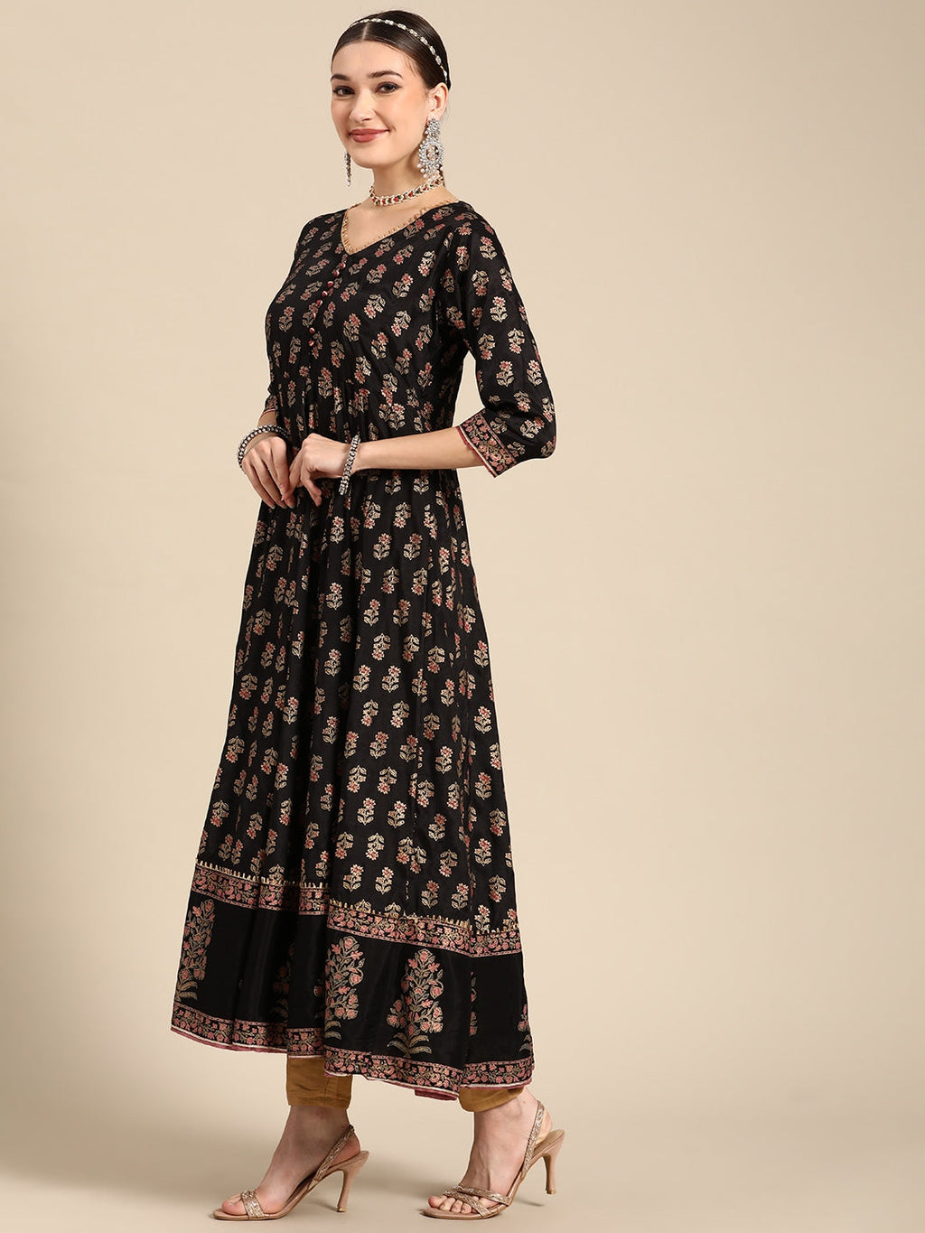 Sangria Women Black & Burgundy Ethnic Motifs Printed Mirror Work Anarkali Kurta | Grocsy