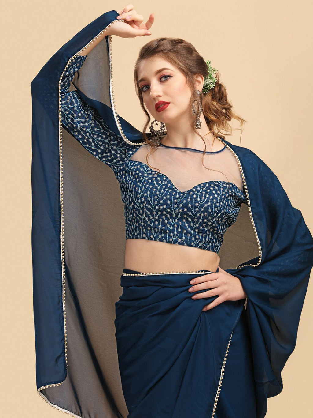 Sangria Satin Saree With Beads & Stones Embellished Border | Grocsy
