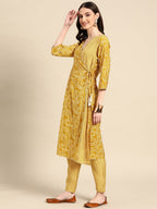 Sangria Women Mustard Yellow Ethnic Motifs Printed Angrakha Gotta Patti Kurta with Trousers | Grocsy