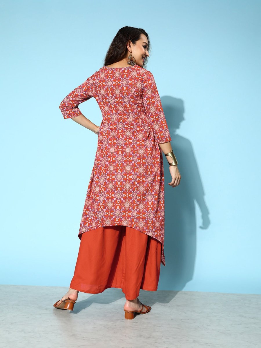 All About You Brick Red Printed Dipped Hem Veere Di Wedding A-Line Kurta with Palazzos | Grocsy