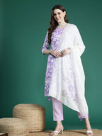 Sangria Floral Printed Angrakha Thread Work Pure Cotton Kurta with Trousers & With Dupatta | Grocsy