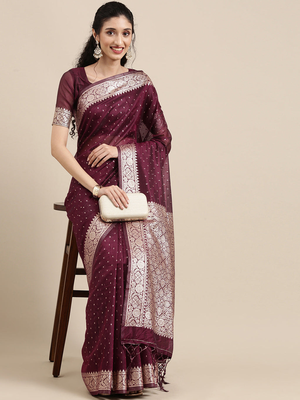 Saree Mall Maroon Woven Design Zari Silk Blend Banarasi Saree | Grocsy