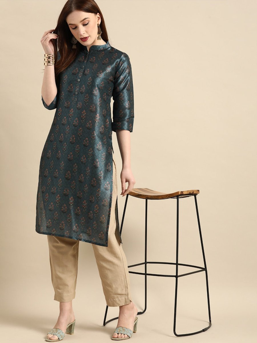 All About You Women Teal Blue Floral Block Print Mandarin Collar Chanderi Silk Blend Kurta | Grocsy
