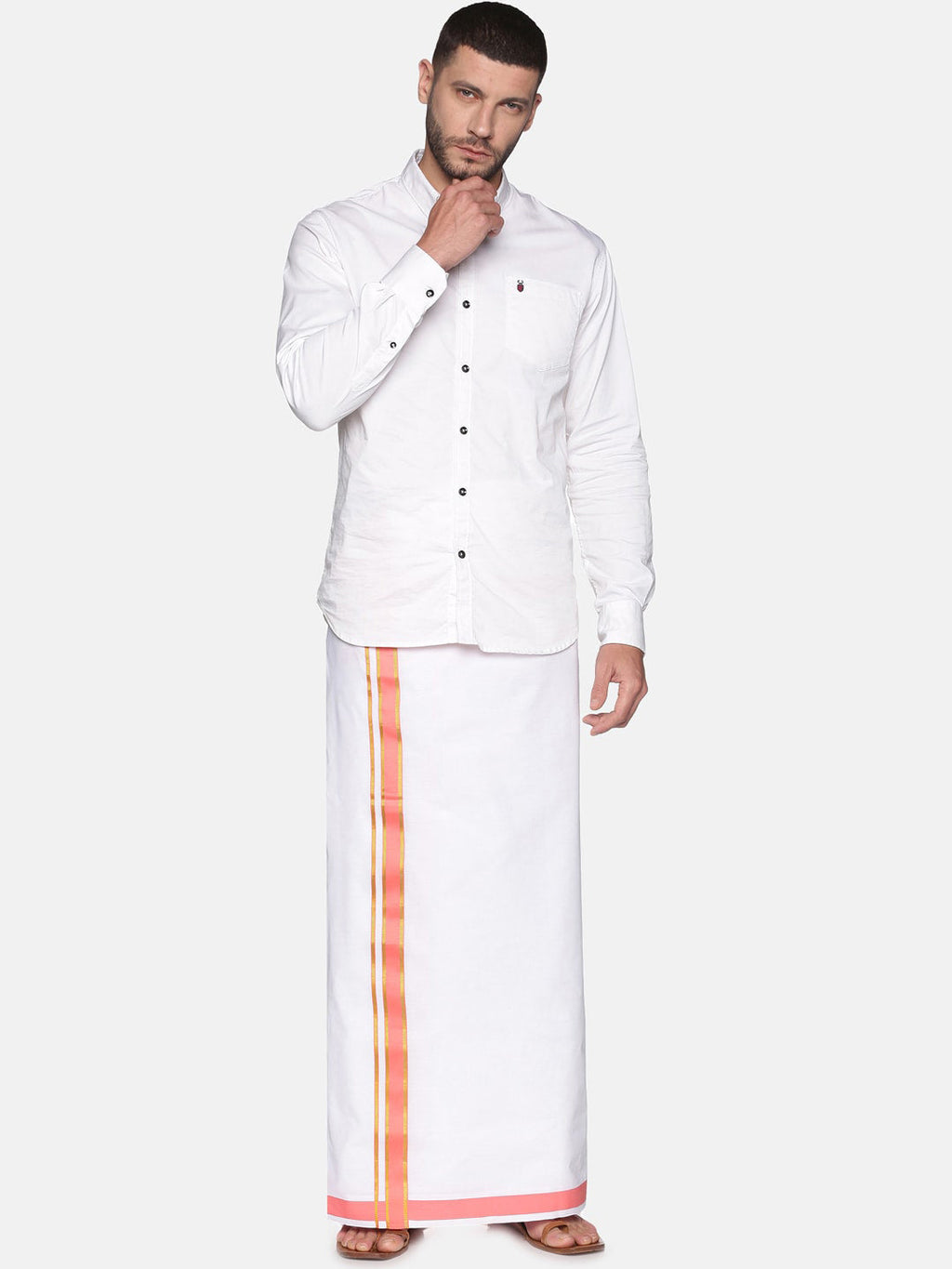 Sethukrishna Men White & Pink Solid Cotton Dhoti | Grocsy
