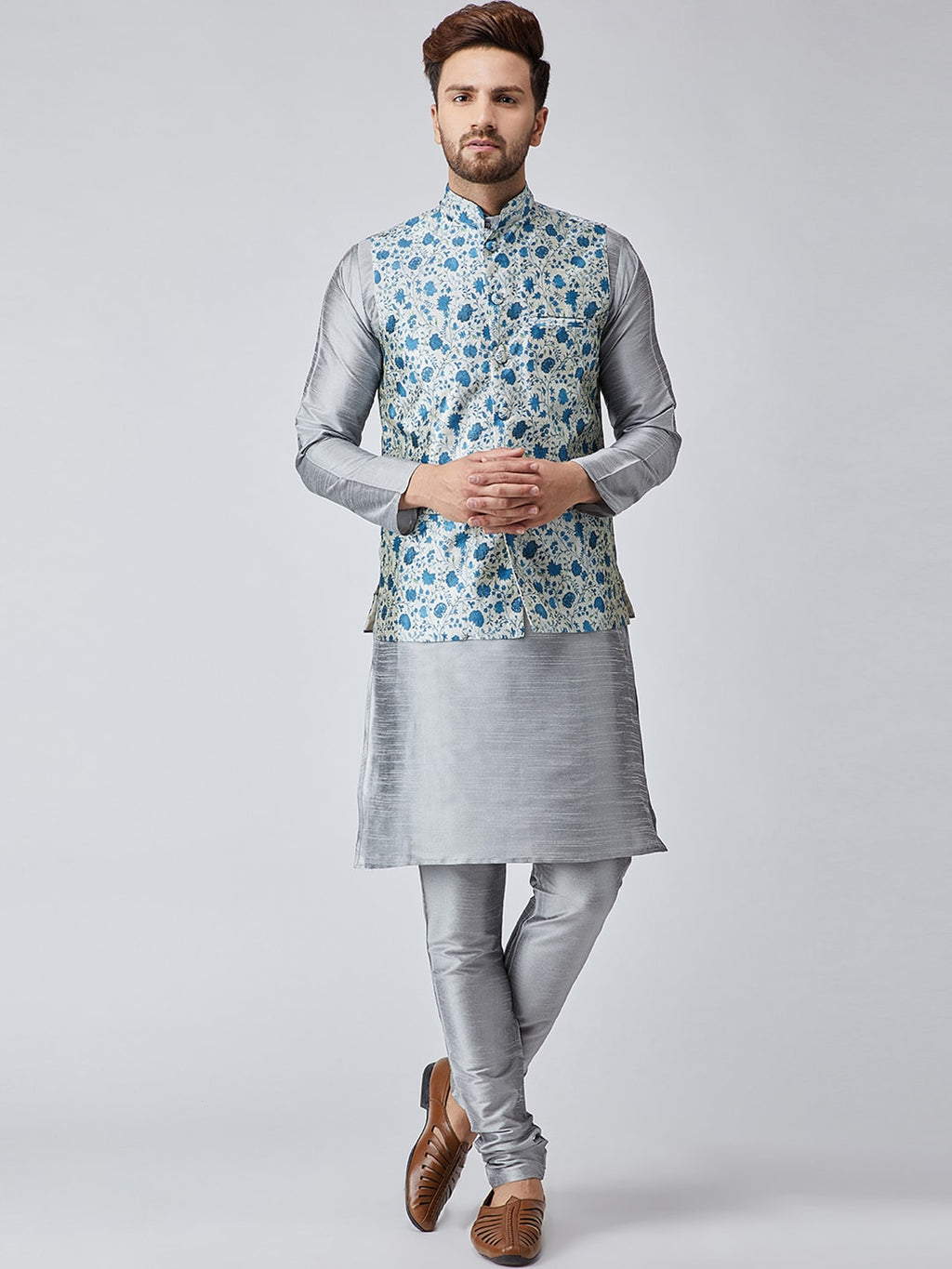 Sojanya Men Grey & Blue Self Design Kurta with Churidar & Nehru Jacket | Grocsy