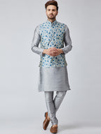Sojanya Men Grey & Blue Self Design Kurta with Churidar & Nehru Jacket | Grocsy