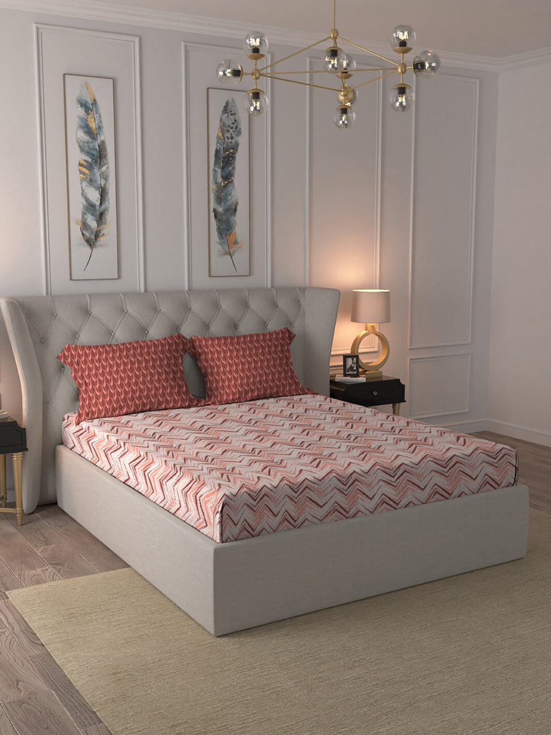 MYTRIDENT Peach Maroon Geometric Pure Cotton 144 TC Queen Bedsheet Pillow Covers | Grocsy