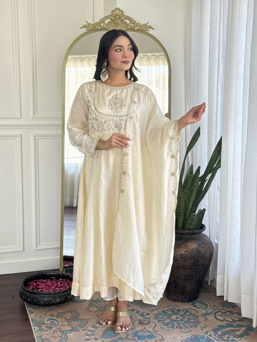 The52 CreamWomen's Gorgeous Embroidered Vichitra Silk Fabric Flared Kurta Pant with Dupatta Set | Grocsy