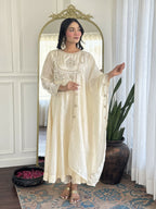 The52 CreamWomen's Gorgeous Embroidered Vichitra Silk Fabric Flared Kurta Pant with Dupatta Set | Grocsy