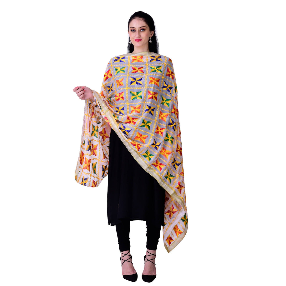 SWI Stylish Women's Embroidered Phulkari Chiffon White Dupatta | Grocsy