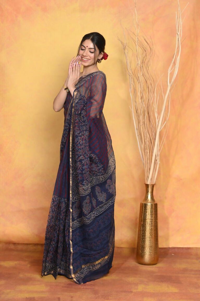 Very Much Indian Pure Kota Cotton Handblock Printed Saree - Dark Blue | Grocsy