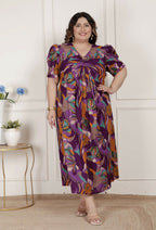 Miravan Womens Plus Size Floral Print Puff Sleeve Pure Cotton Magenta Butterfly Maxi Dress | Grocsy