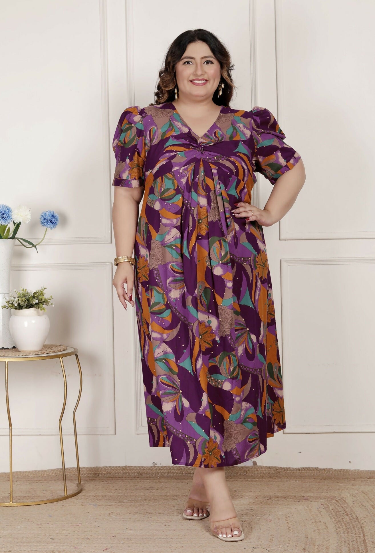 Miravan Womens Plus Size Floral Print Puff Sleeve Pure Cotton Magenta Butterfly Maxi Dress | Grocsy