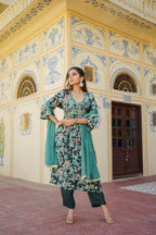 Vaasva Women Teal Muslin Embroidered Kurta, Pant & Dupatta Set | Grocsy