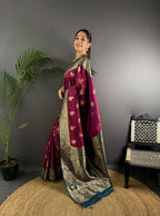 Joban Fashion Banarasi Rani Pink Woven Butti Soft Silk Saree | Grocsy
