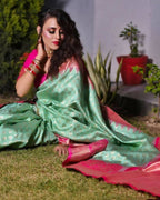 DEIANA'S Beautiful Designer Golden zari Soft Lichi Silk Saree - Pista | Grocsy