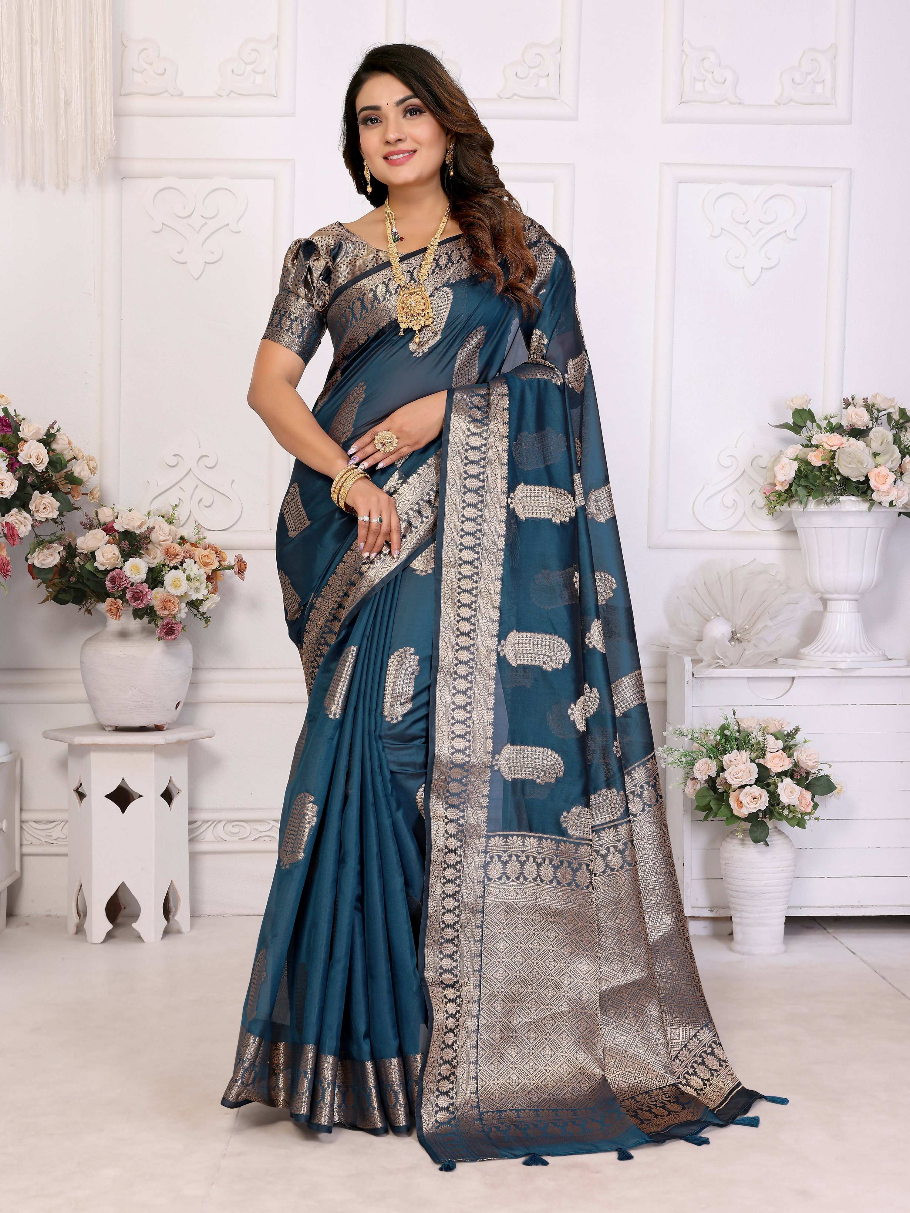 Aastha Fashion Teal Blue Soft Organza Silk Weaving Saree | Grocsy