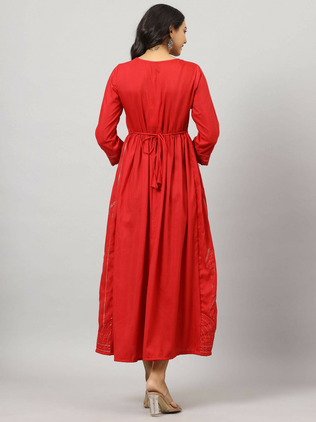 Juniper Women's Red Festive Printed Flared Dress | Grocsy