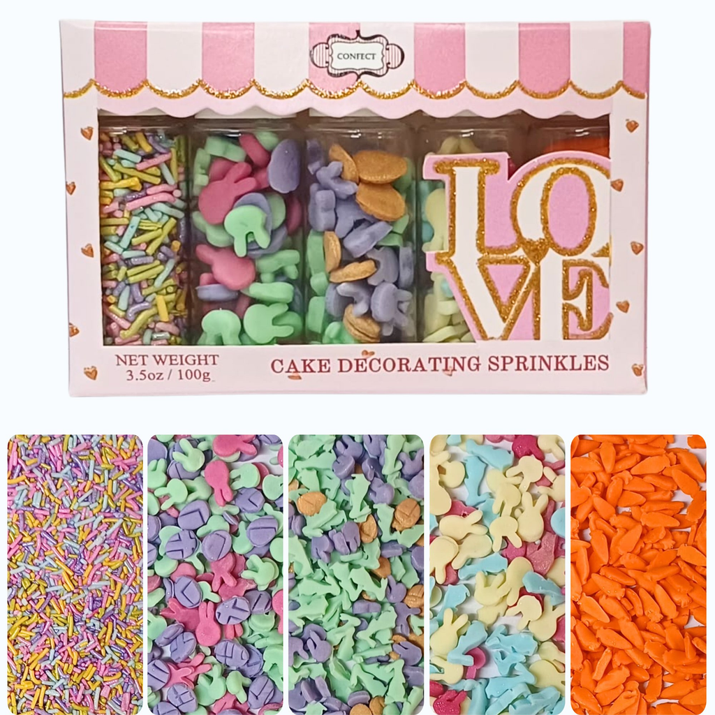 Confect Easter Sprinkles Edible | Mix Pink, Yellow, Red, Silver and Green Vermicelli and Easter Bunny Pack of 5 (EAST 10) - 100Gms | Grocsy