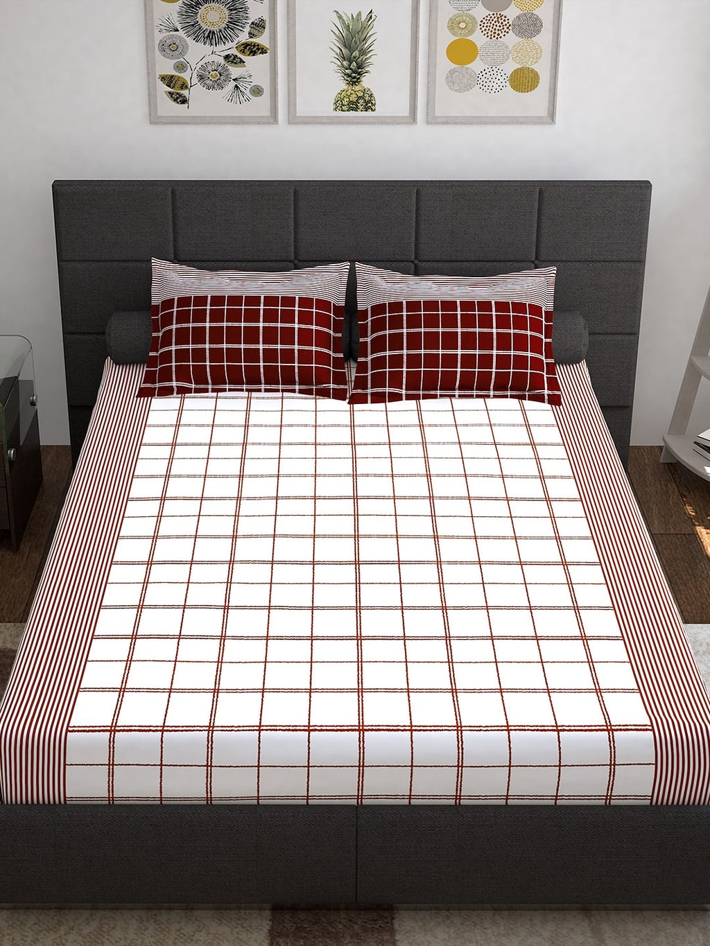 Story@home Maroon & White Geometric 152 TC Queen Bedsheet with 2 Pillow Covers | Grocsy