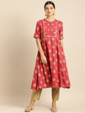 All About You Women Rust & Gold-Toned Ethnic Motifs Printed Mirror Work Kurta | Grocsy