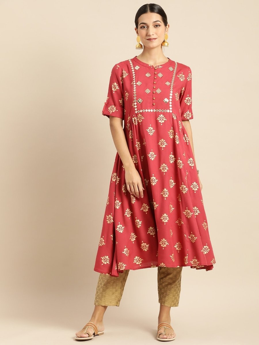 All About You Women Rust & Gold-Toned Ethnic Motifs Printed Mirror Work Kurta | Grocsy