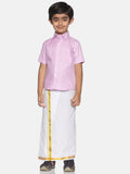 Sethukrishna Pink & White Solid Shirt and Veshti Set For Boys | Grocsy