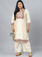 Sztori Plus Size Ethnic Motifs Printed Mandarin Collar Straight Kurta with Palazzos | Grocsy