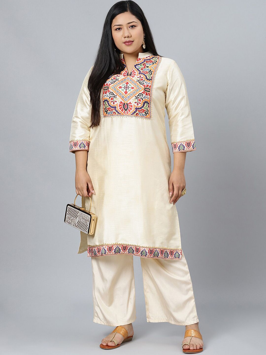 Sztori Plus Size Ethnic Motifs Printed Mandarin Collar Straight Kurta with Palazzos | Grocsy