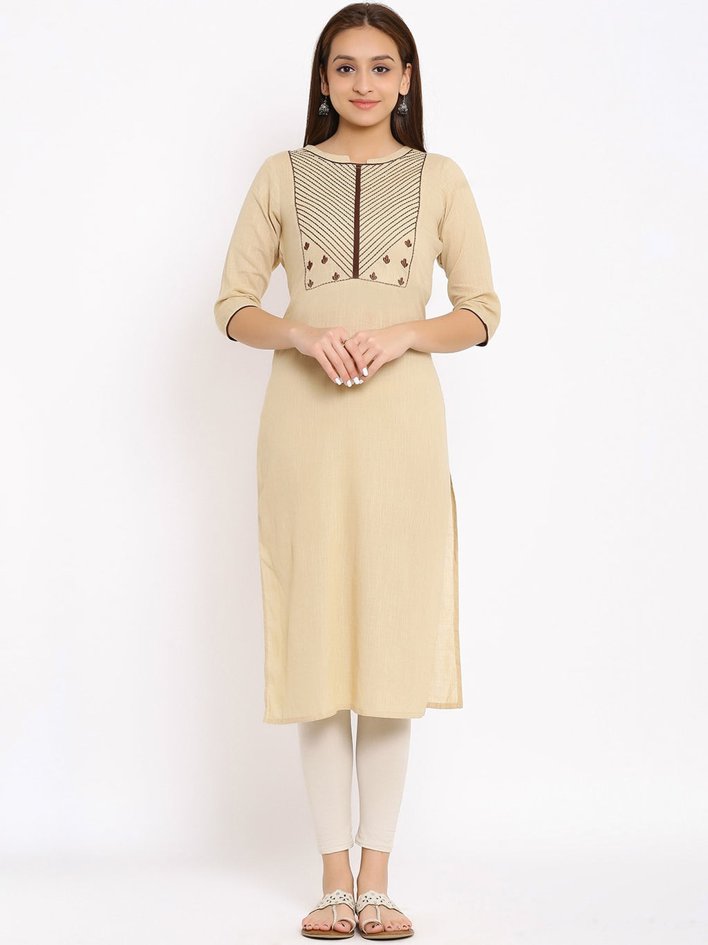 HERE&NOW Beige Geometric Yoke Design Thread Work Kurta | Grocsy