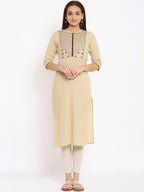 HERE&NOW Beige Geometric Yoke Design Thread Work Kurta | Grocsy