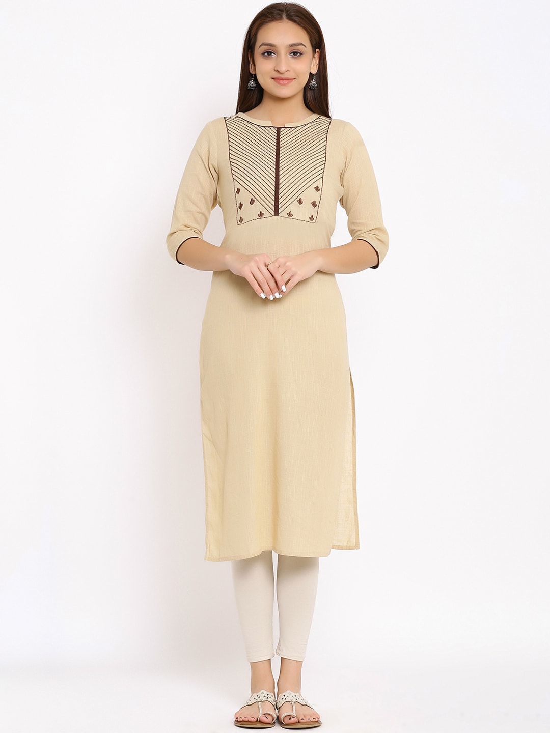 HERE&NOW Beige Geometric Yoke Design Thread Work Kurta | Grocsy